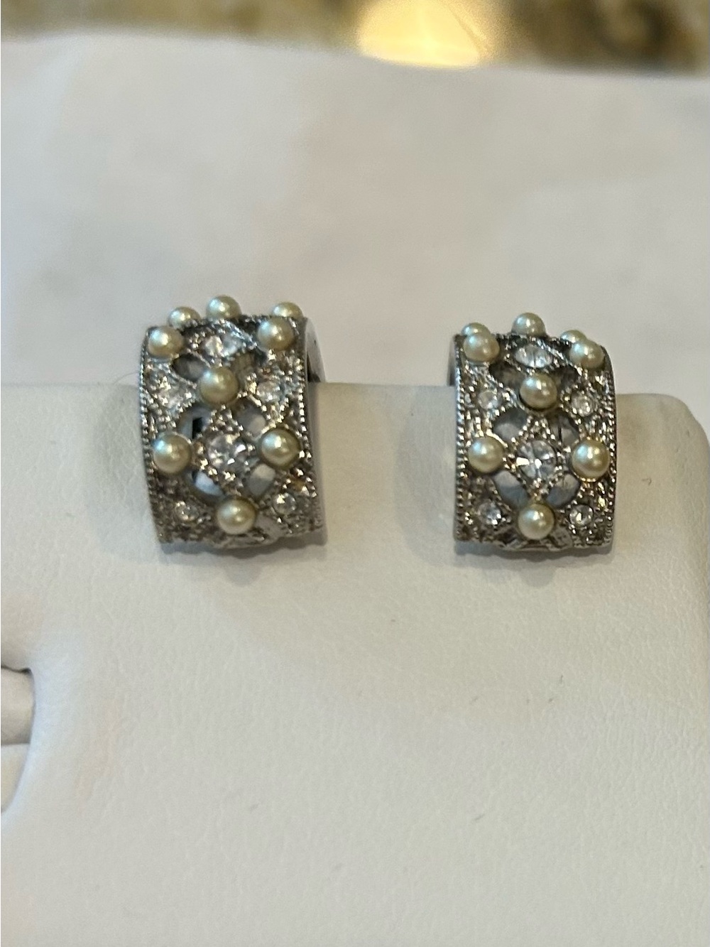 Classic Vintage Pearl and Crystal Silver tone  Half Hoop Earrings Clip On